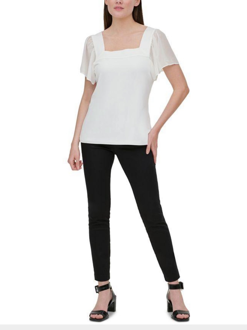 Calvin Klein White Square Neck Puff Sleeve Blouse Size M Office Workwear